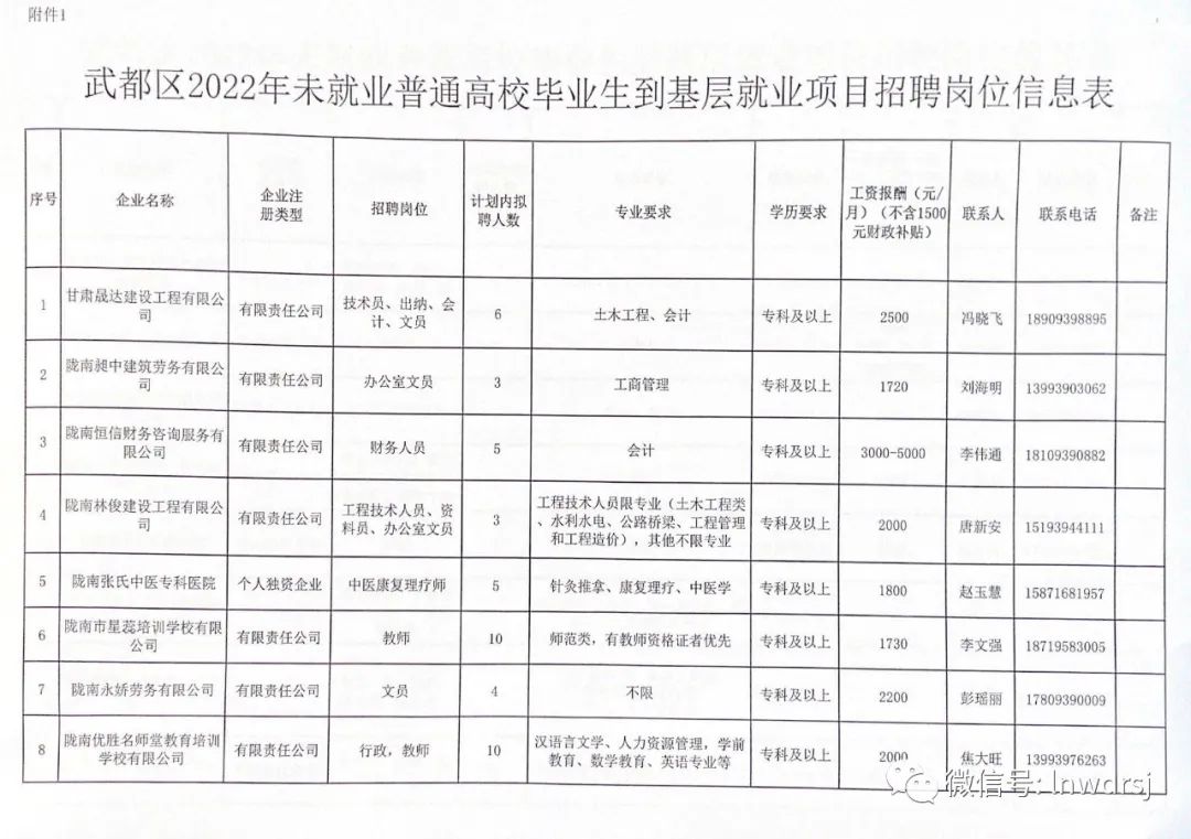 2022年甘肃陇南武都区未就业普通高校毕业生到基层就业招聘公告（125人）