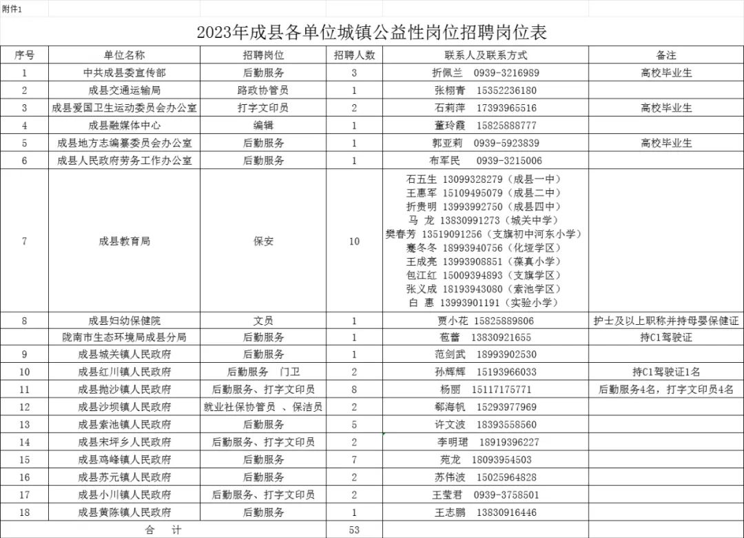2023年甘肃陇南成县各单位招聘城镇公益岗53人公告